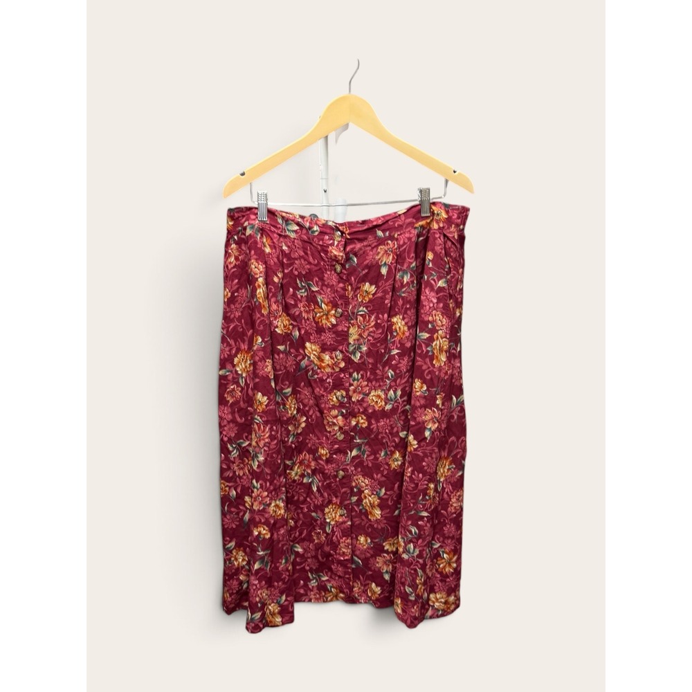Jantzen Woman Vintage Floral Button Front Midi Skirt Burgundy Plus Size 20